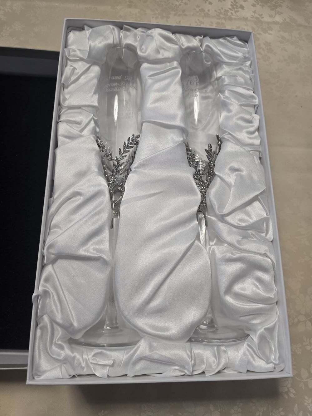 Engraved Athena Style Wedding Champagne Toast Flutes His & Hers In Box Set of 2